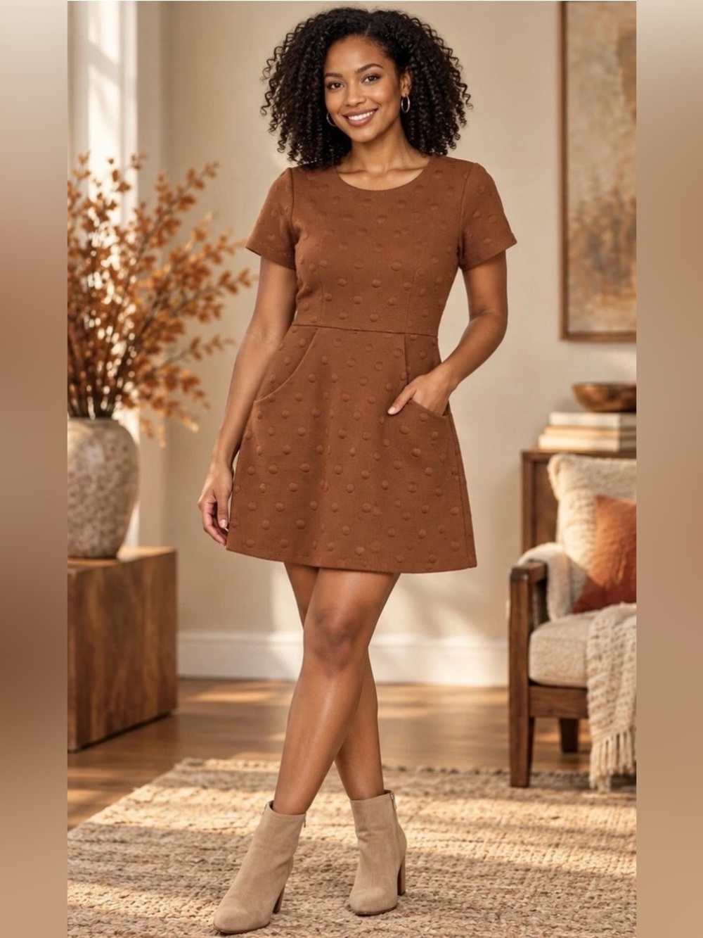 HUTCH Fraida Textured 3D Polka Dot Knit Mini Dress Brown Anthropologie M Work